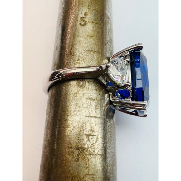 Estate 925 Silver Simulated Sapphire Ring w/ CZ Accents Rhodium Plated Sz 6 - Picture 8 of 10
